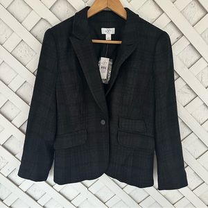 LOFT Herringbone Plaid Wool Blend One Button Blazer Jacket Black Gray 10P